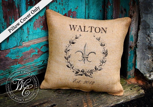 BURLAP PILLOW Personalized Wedding Gift - PILLOW with Family Name &  Established Date