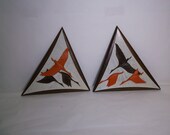 Midcentury modern 3 dimensional painted teak wood wall hangings with attached cranes Eames era