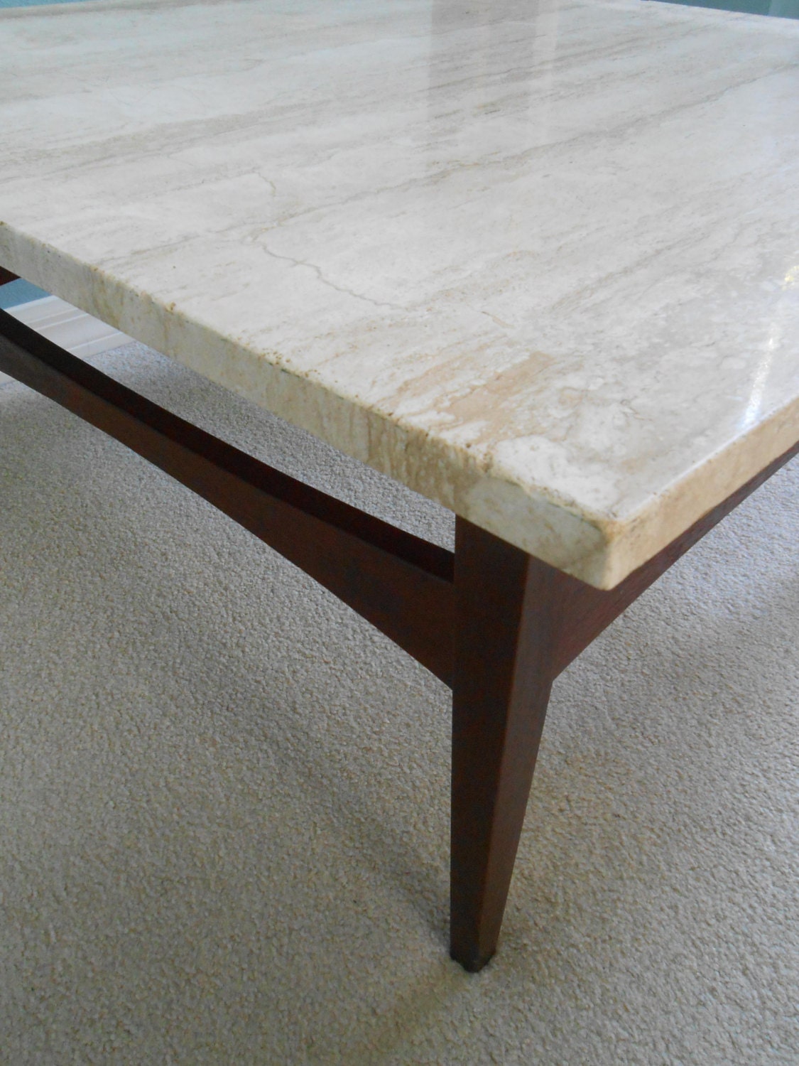 Mid Century Large Square Coffee Table Travertine Top Danish Modern