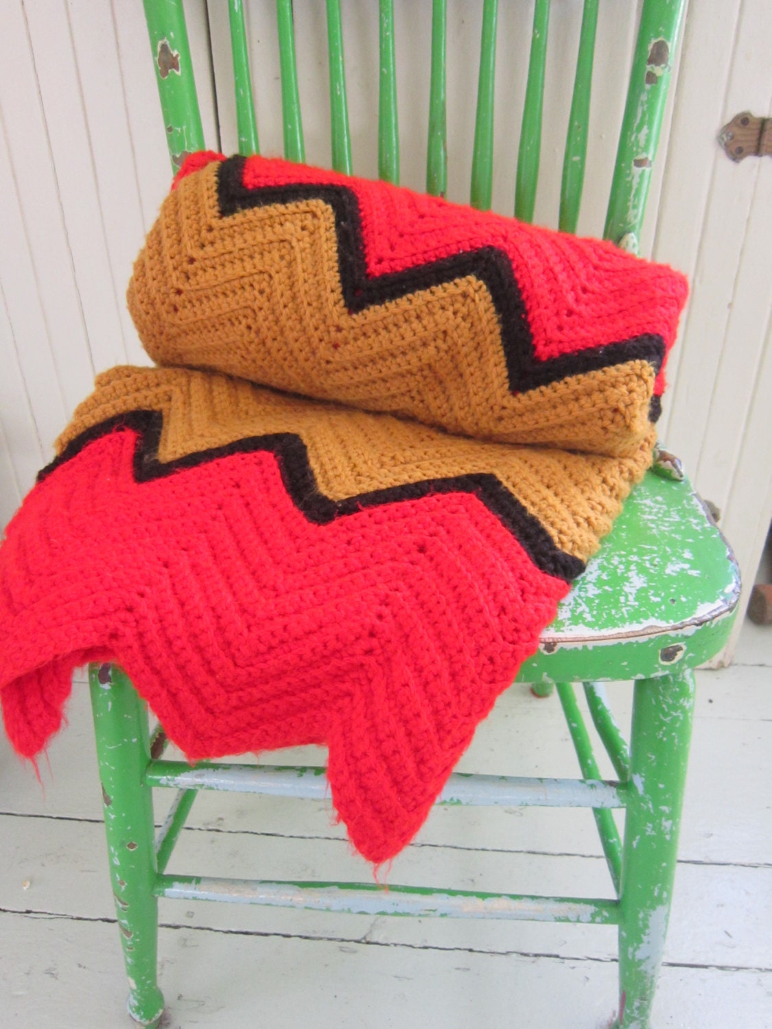Vintage Large Afghan, Chevron Pattern Crocheted, Red-Orange, Gold and Black Throw