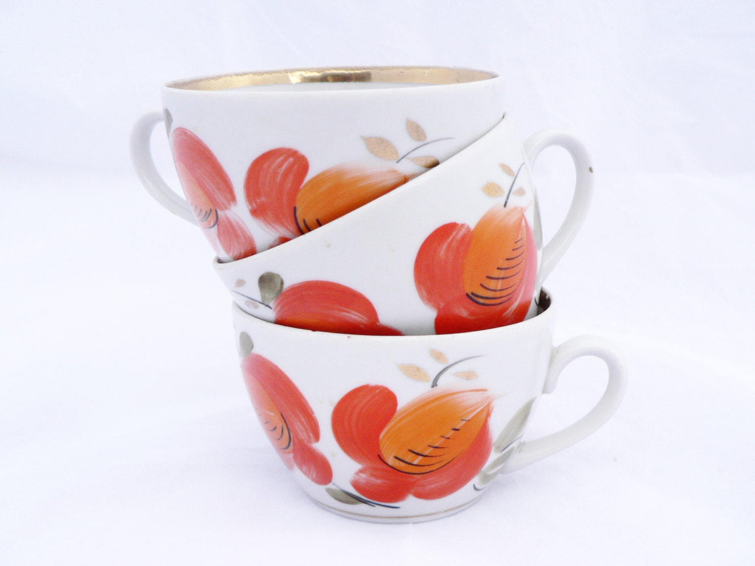 Soviet Porcelain Cups, set of 3, tea set, Retro Kitchen decor, Soviet Union, Made in USSR