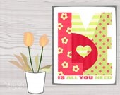 Spring Home Decor Sign Printable Word Art Poster Love Is All You Need block Patterned Letters Polka Dot Stripes Flowers Pink Green Il_170x135