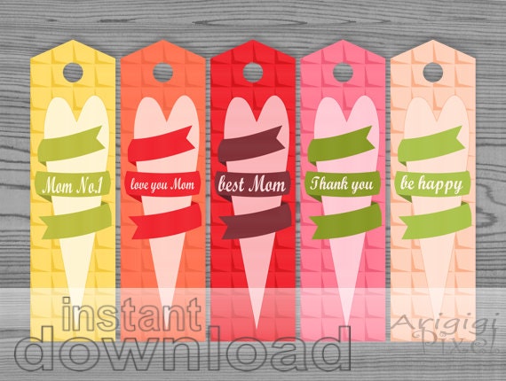 Mother's Day  bookmark, printable,paper goods, long gift tag, card, bright spring colors, heart wrapped in ribbon motif instant download
