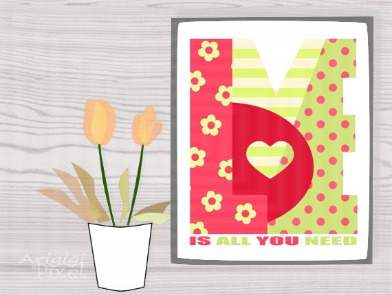 Spring Home Decor Sign Printable Word Art Poster Love Is All You Need block Patterned Letters Polka Dot Stripes Flowers Pink Green Il_570xn