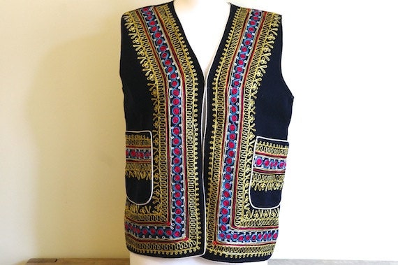 Embroidered Black Folk Waistcoat, Vivid Boho Waistcoat, Handmade, Size M.