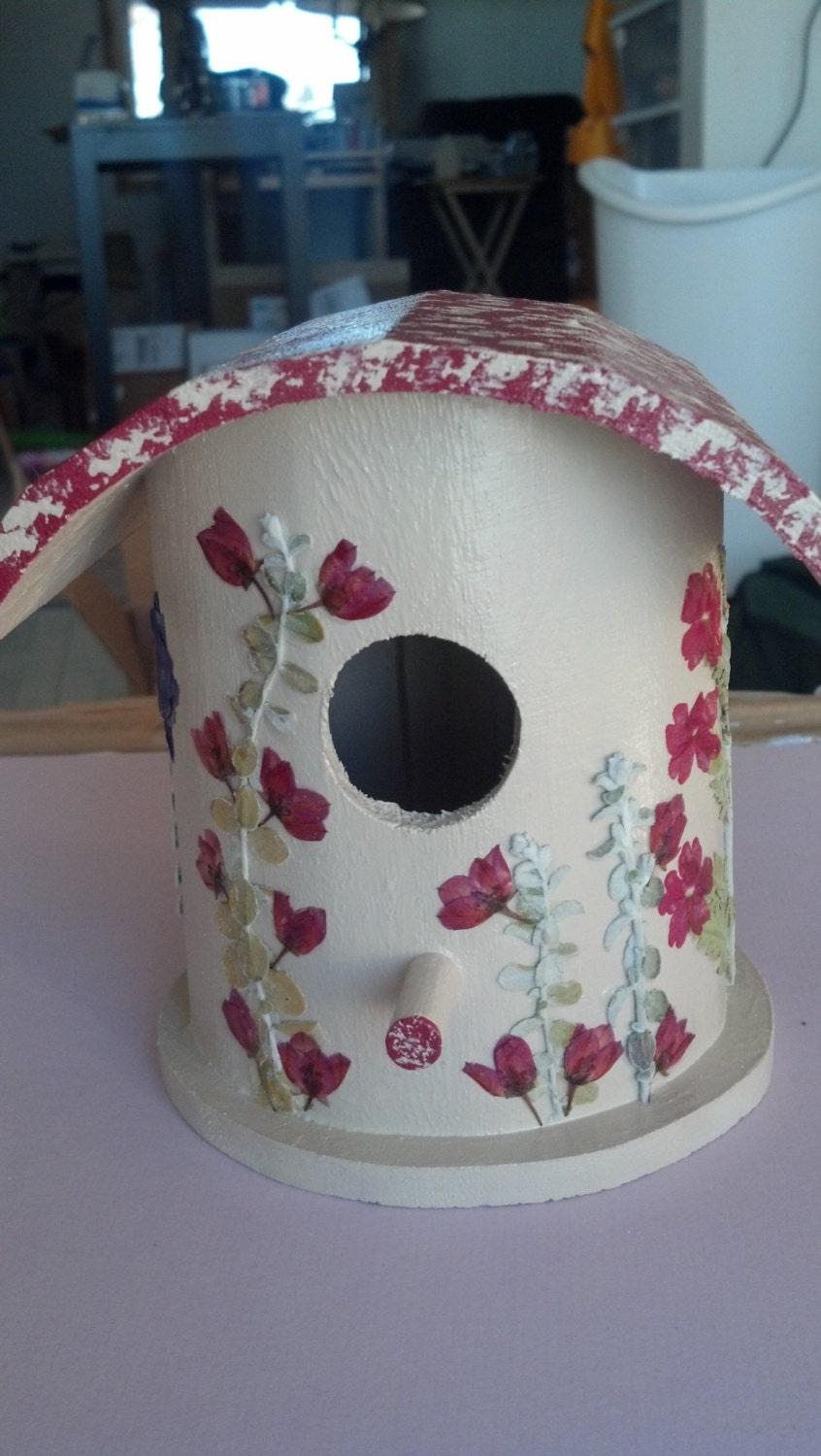 Rustic Red and Tan Pressed Flower Decorative Birdhouse