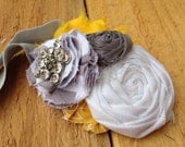 Headband Grey, Gray, Yellow, Mustard, White, Chevron Design Print, Ivory Vintage Flowers and Rosettes Headband Clip Ponytail