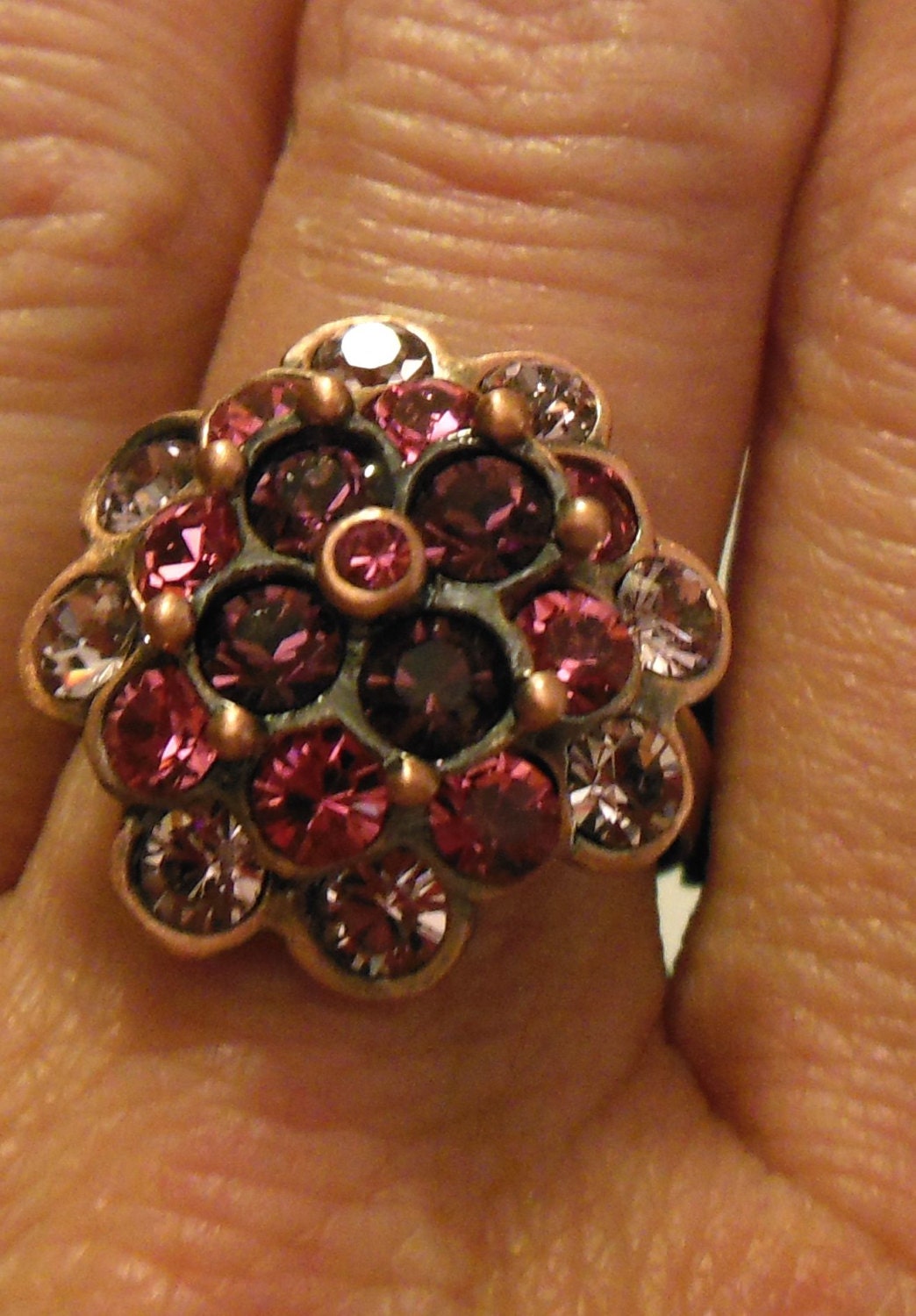 bb3819 - Ring, crystal rhinestone and antiqued copper-plated brass, lavender/pink/dark purple, 19x19mm flower, adjustable. Fun and fashionab