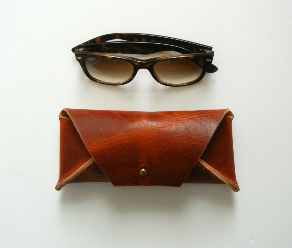 Caramel Brown Leather Sunglasses Eyeglasses Case - Handstitched - Father's Day
