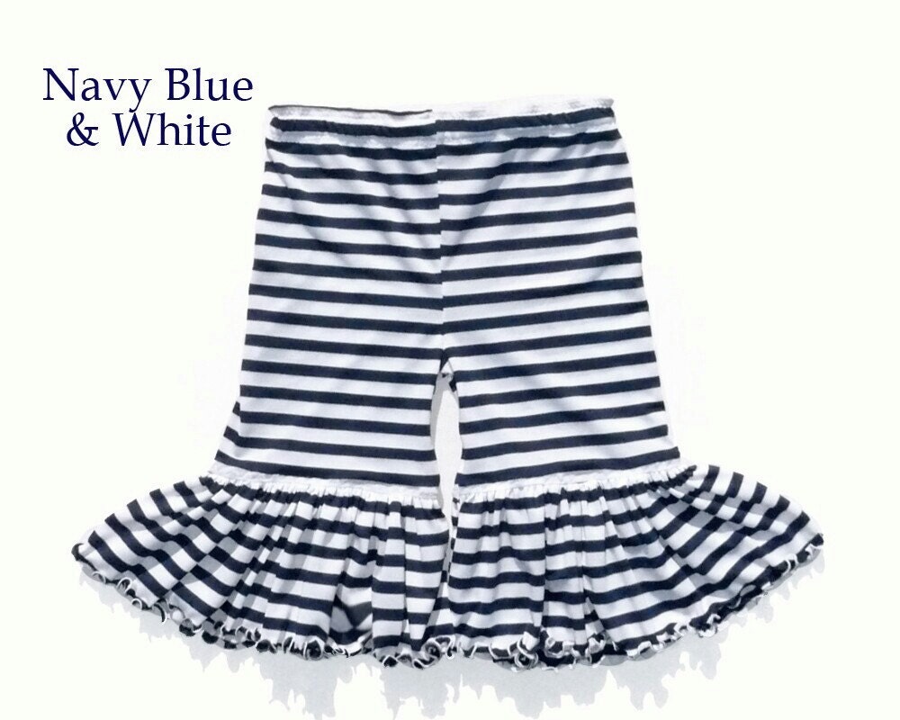 Navy Stripe knit Lettuce Ruffle Capris Pants or Knee Shorts Baby Girl Toddler Handmade 3m 6m 9m 12m 18m 24m