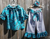 Toddler Girl Ruffle Pant Outfit Spring Summer- Size 5T Turquoise Grey Chevron