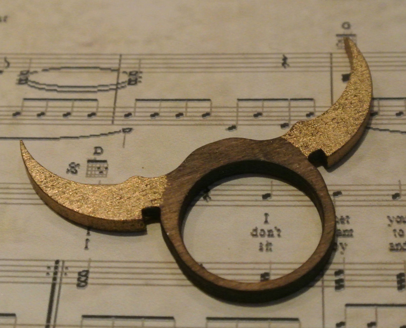 Laser Cut Wooden Bison Horn Ring Walnut Stain & Gold finishes