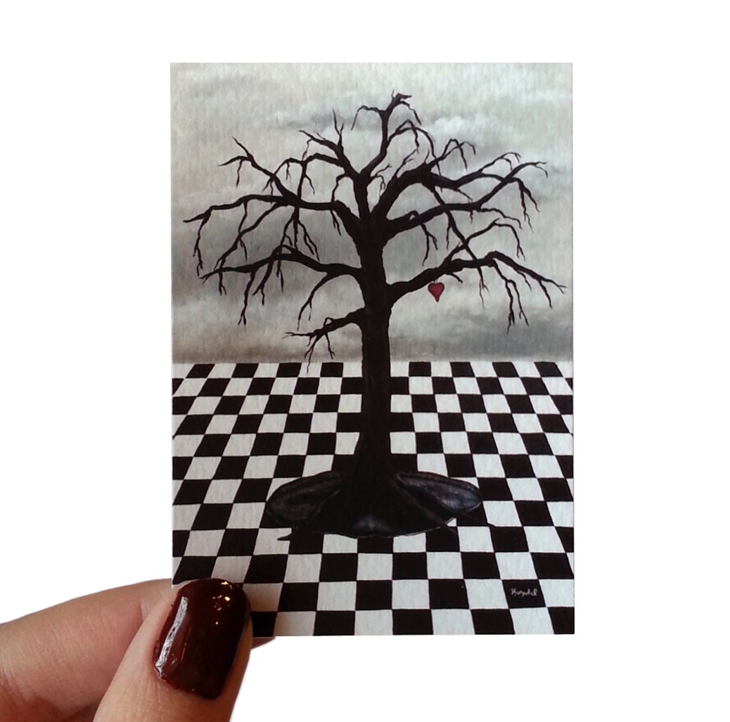 Black Tree ACEO Giclee Print Fine Art Red Hanging Heart Acrylic Painting Original Checker Storm Skies Grey Clouds Surreal