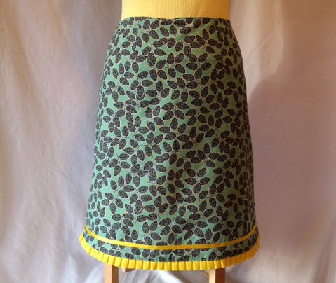 Custom Made A-Line Skirt -- Mint Green, Yellow Dots, Yellow Trim -- Cotton -- Lined -- Back Zipper