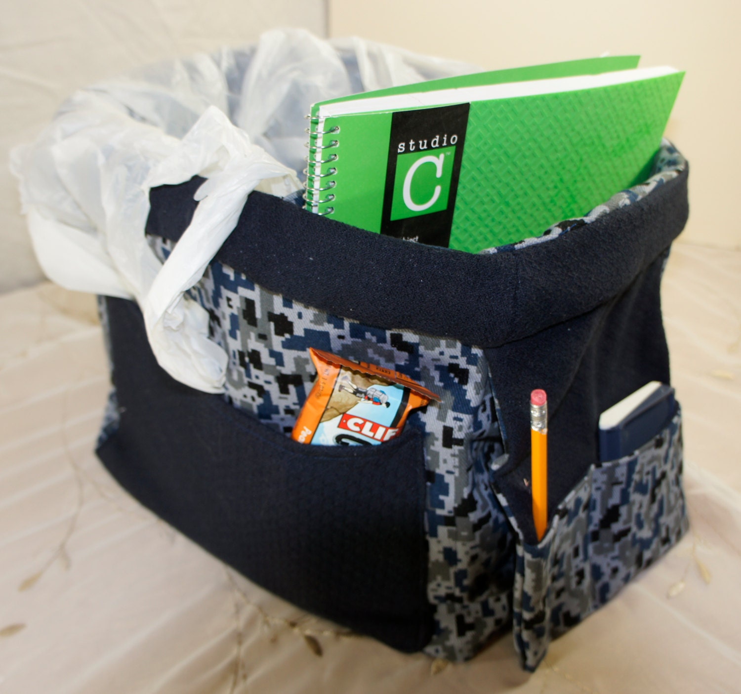 car trash bag organizer, space for books toys cell phone crafts, gray blue black camo print dad gift