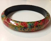 hand painted, bangle, bracelet, floral, boho, gold, black, flower, red, wood jewelry, vintage, chic, hipster, hippie, accessories, spring