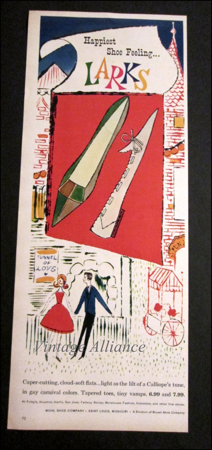 Vintage 1961 Illustrated Couple at the Fair Tunnel of Love Larks Shoes 60's Retro Fashion Print Ad Advertisement Wall Art Decor