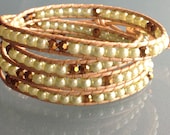 Chan Luu Inspired Summer 4 Wrap Bracelet Metallic Gold Leather with Mint Glass Pearls & Gold Plated Crystals