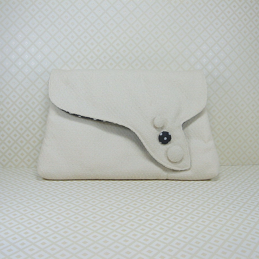 Ivory Clutch Bag, Handcrafted Fabric Purse, Polka Dots,  Buttons, Gatsby Downton Abbey Style