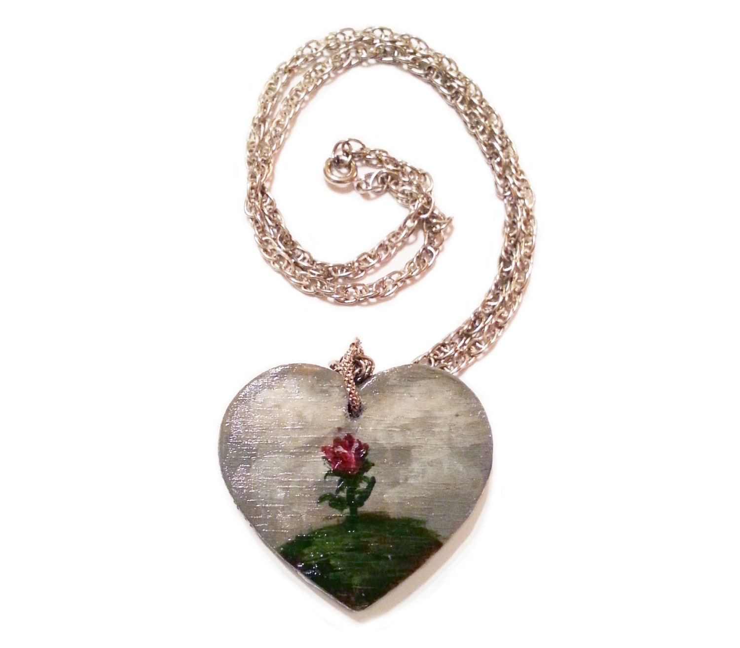 Red Flower Pendant Necklace Silver Chain Grey Gray Cloud Cloudy Hand Painted Original Painting Heart Shaped Wood Wooden Jewelry