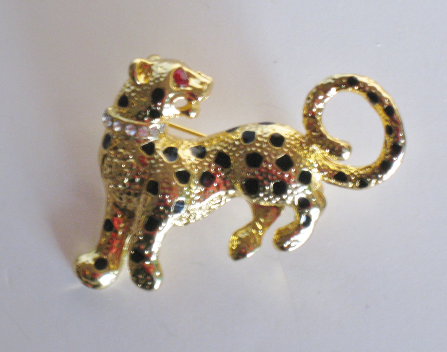 Vintage Cheetah Pin. Sale, price reduced. Gold, Rhinestone and Enamel Lapel Pin circa 1990. Vintage Animal Jewelry. - mainevintagetreasure