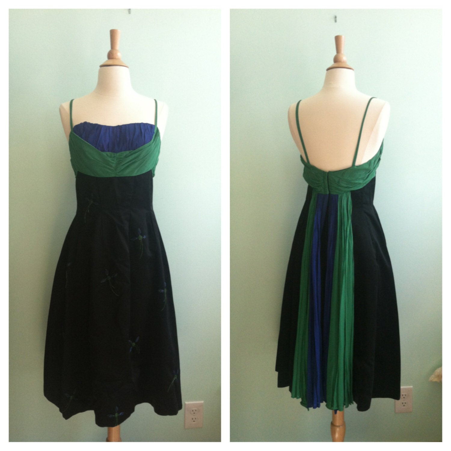 Beaded Black Satin & Silk Chiffon 1950s Vintage Party Dress / Miss Elliette / Small /  Size 2 - 4