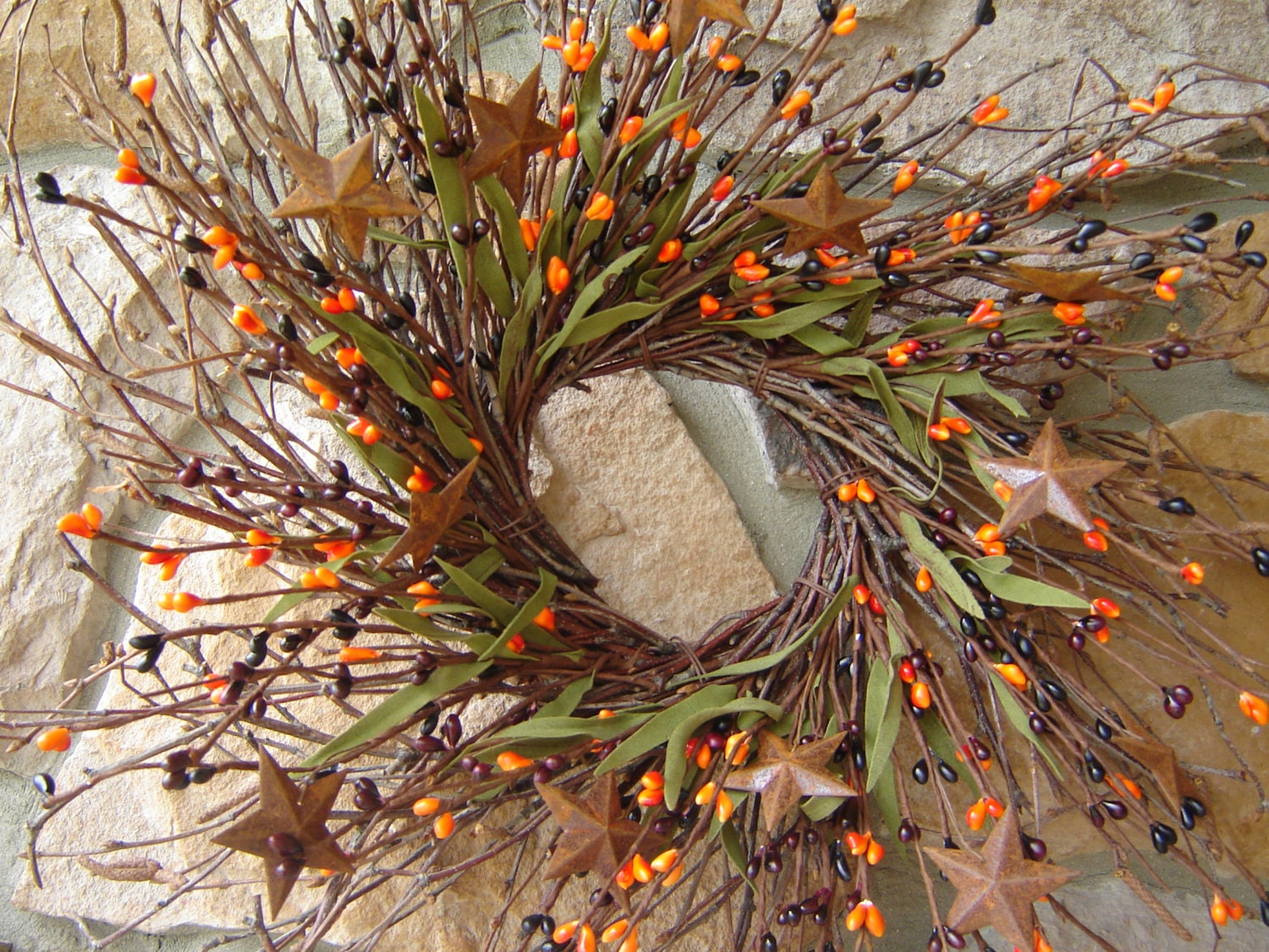 Rusty Stars and Berry Wreath, Summer Wreath, Fall Wreath, Autumn Wreath, Twig Wreath