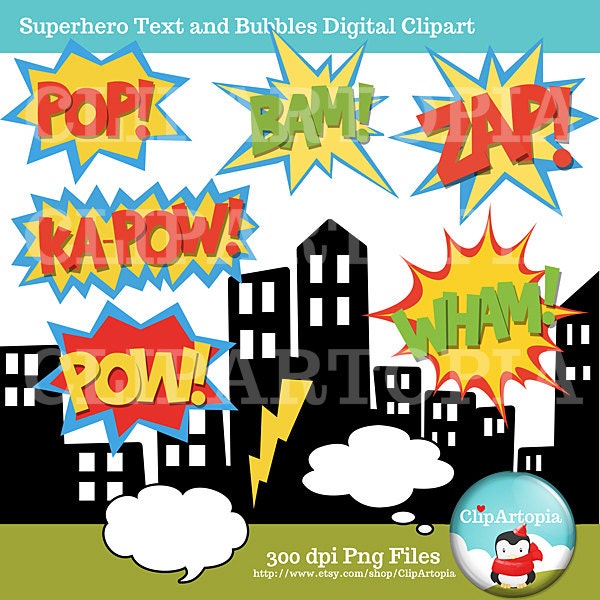 Superhero Text and Bubbles clipart comic book, Personal and Commercial Use / INSTANT DOWNLOAD Il_170x135