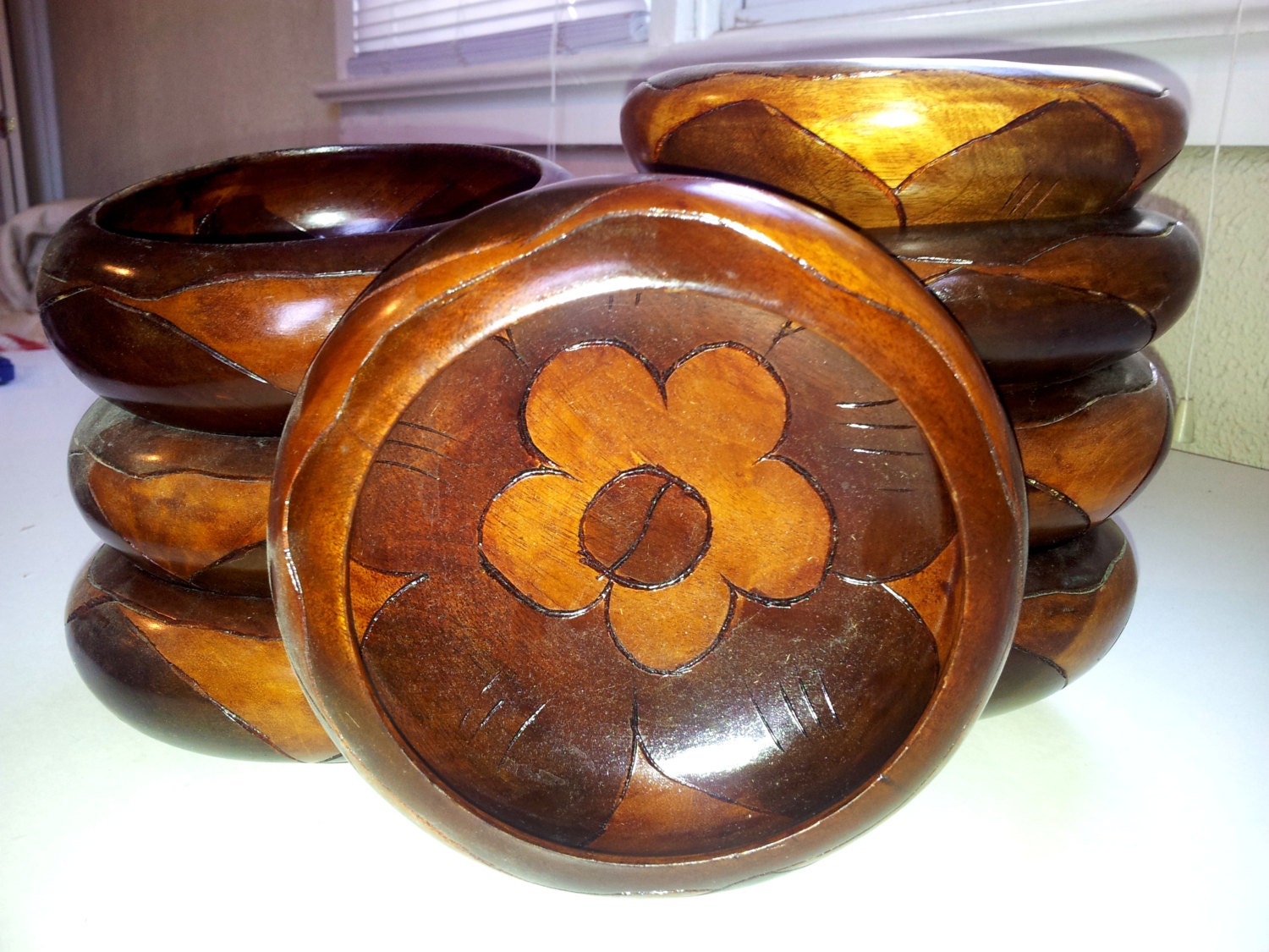Vintage Haiti Hand Carved Flower Wooden Salad Bowls- Set of 8