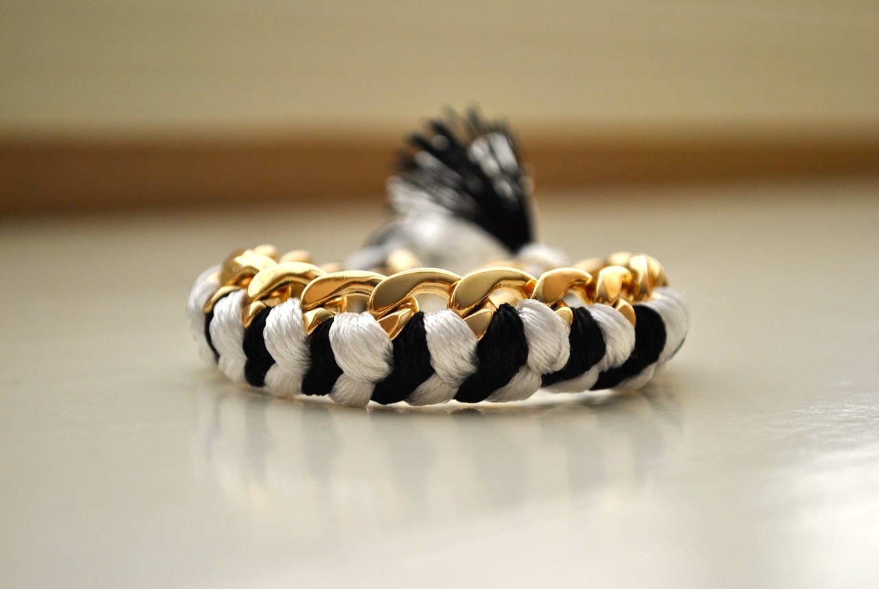 Woven Gold Chain Link Bracelet -  Black and White