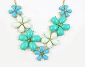 Spring Collection: Bauble Cabochon Floral Statement Bib Necklace in Mint, Aqua, Turquoise