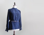 Navy blue silk shirt from 80s, womens striped long sleeve blouse