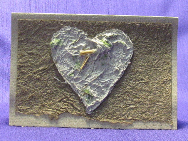 Handmade Heart Card Banana Glitter on Japanese Momi Paper / Valentine / Love / Anniversary / Small Art / Recycled / Earth Day