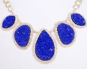 Hot Sale Dark Blue Druzy Drop Stone Statement Necklace, Gold Tone Crystal Rhinestone Bib Necklace-126756093