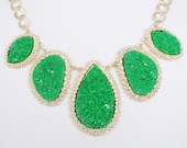 Hot Sale Green Druzy Drop Stone Statement Necklace, Gold Tone Crystal Rhinestone Bib Necklace-126756190