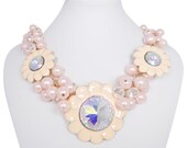 NEW Handmade Flower Rhinestone Swarovski Crystal Necklace Choker, Pink Pearl Statement Necklace, Cluster Chunky Necklace-126765861