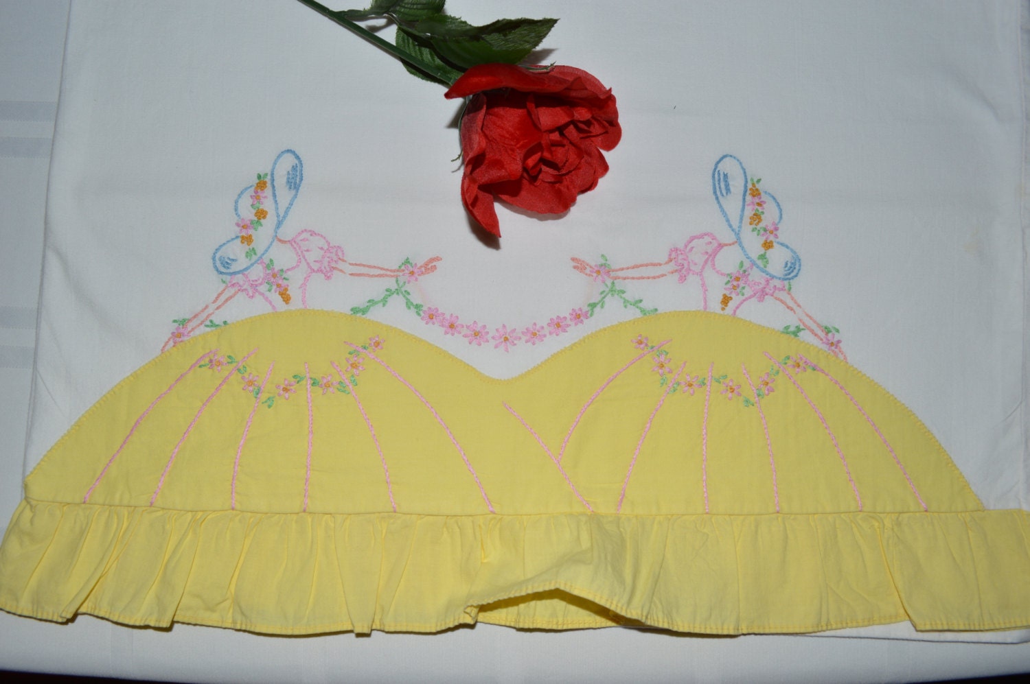 VINTAGE  Single White PILLOW CASE, " Southern Belle" Lots of  Delicate Hand  Embroidery Work