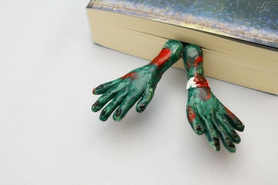 unusual and  unique bookmark Pair of Zombie Hands in the book - CUSTOM bookmark - OOAK  Polymer Clay, handmade