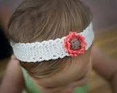 Baby/Toddler Knitted Headband, Owl and Flower Headband, handmade with stretchy off white cotton