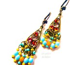 Orange, blue, colorful dangle, earrings, bohemian, gypsy, hippy chic, Czech glass beads, Swarovski, crystal, rhinestones, bronze