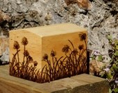 Wooden money box, with a hand burned summer meadow scene.