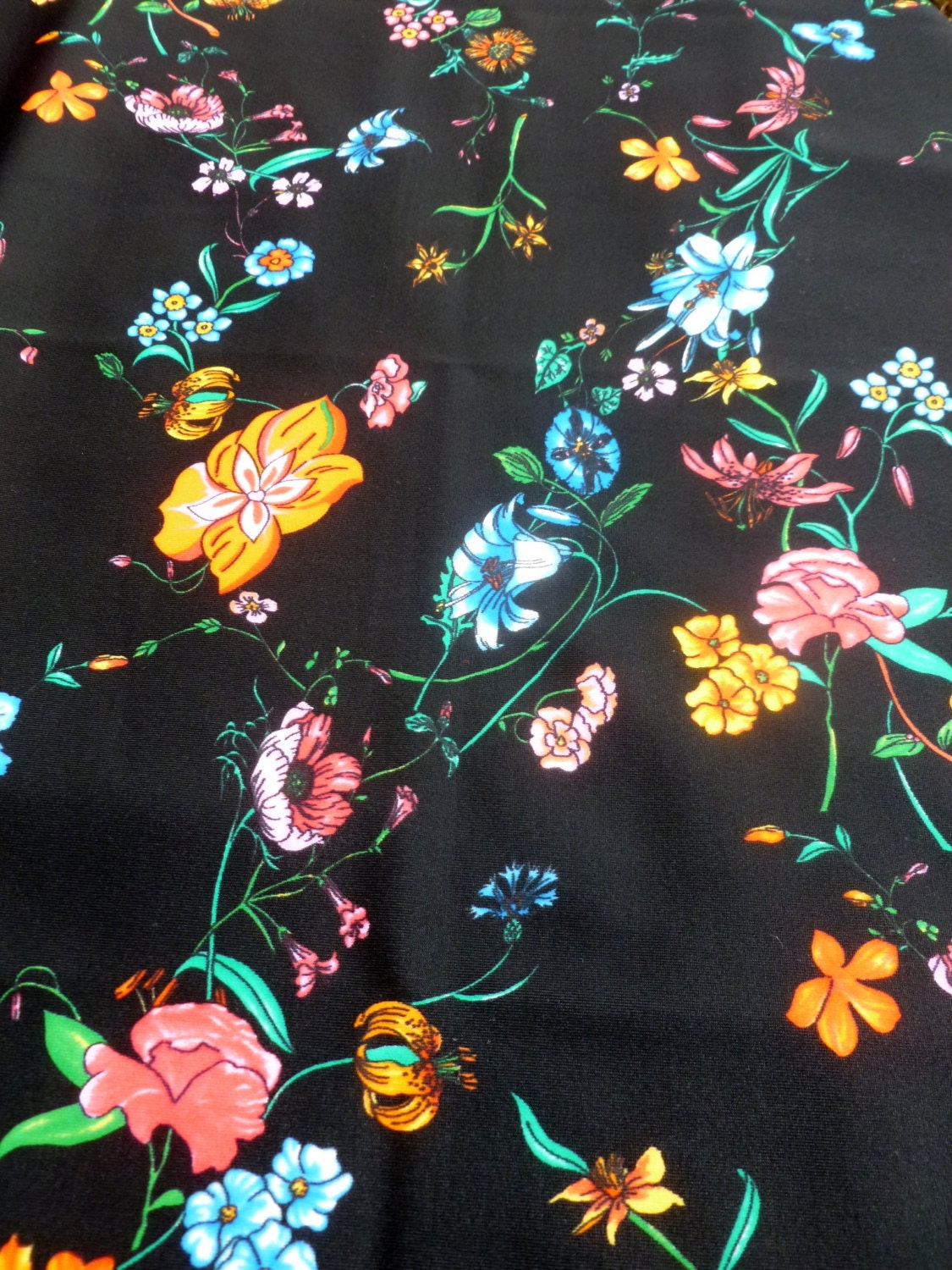 Black Lycra Multicolor Flowers. Japanese Lycra Pattern.