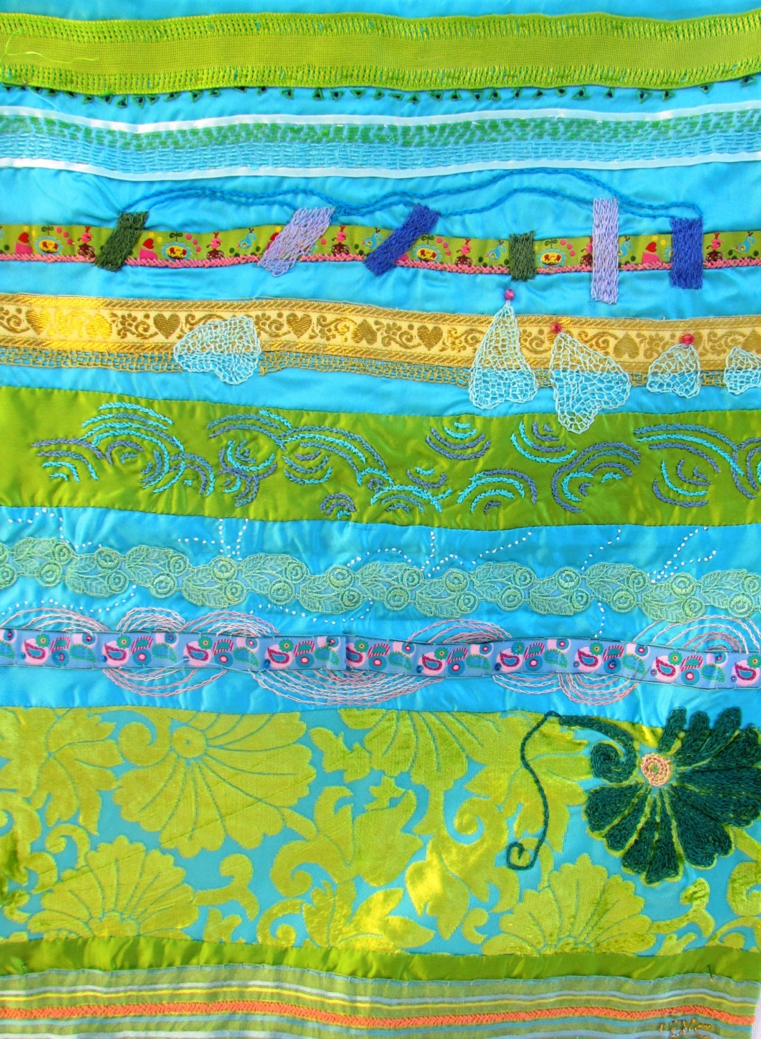 GREEN RIBBONS Mixed media, Fiber art, hand embroidery OOAK