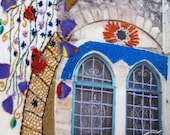 the purple windows, fiber art, wall hanging, hand embroidery,  mixed media OOAK