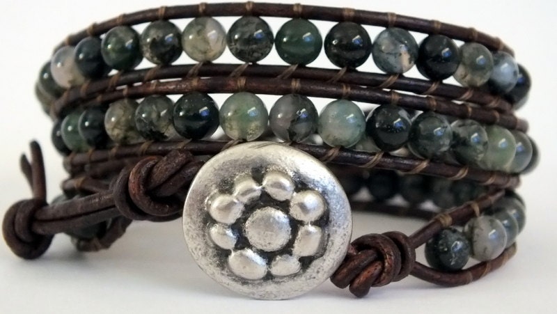 Moss Agate Leather Wrap Bracelet, beaded, stone, semiprecious, green, boho