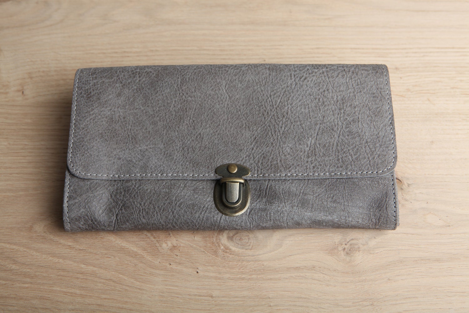 Leather wallet, gray minimalist wallet, women's purse, gift for her, leather clutch, tongue clasp, zipper pocket, slots for cards, pouch