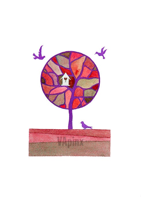 Print of original watercolor painting, red tree with birds and birdhouse - P3 (O8) A4, kids wall art, nursery decor, tree illustration