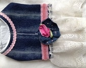 Handmade dog dress, custom dog dress, custom harness, pink, lace, denim