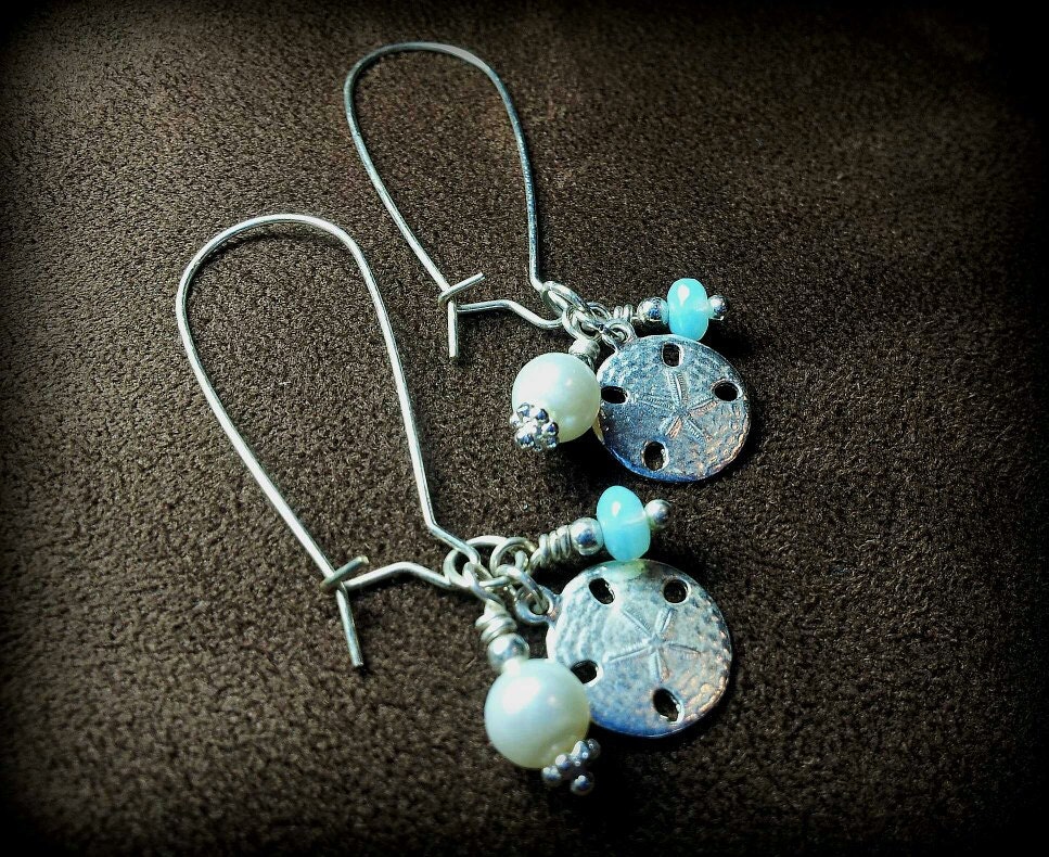 ON SALE.. Silver Plated Sterling Beach Nautical Out to Sea Sand Dollar Earrings Adorned with Turquoise Aqua Beads and Pearls