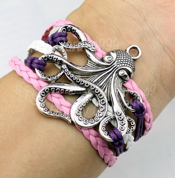 Personalized antique silver Octopus Charm Bracelet--Wax Cords and Leather Braided Bracelet